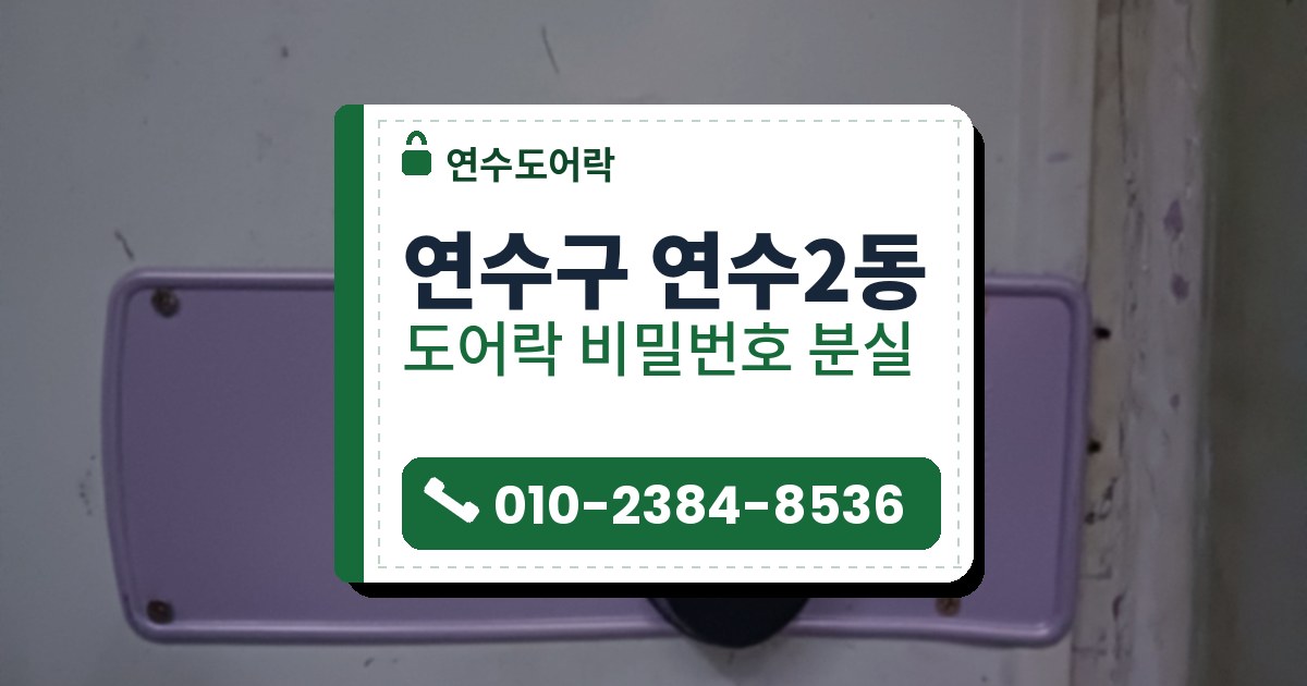 연수구 연수2동 출장 — 연한 민트빛 철문의 보라색 판 위에 단 아래가 둥근 검은 보조키형 도어락
